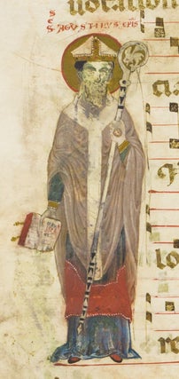 A LARGE VELLUM MANUSCRIPT LEAF FROM AN ANTIPHONARY IN LATIN, WITH AN UNUSUAL IMAGE OF SAINT AUGUSTINE.