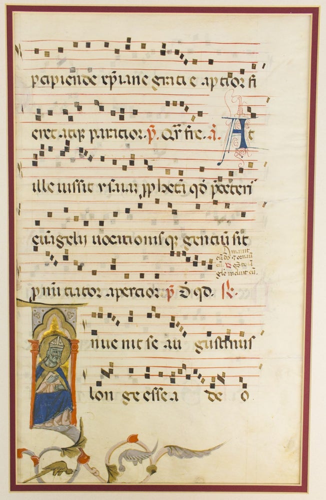 (CBM1608) WITH AN IMAGE OF SAINT AUGUSTINE A LARGE VELLUM MANUSCRIPT LEAF FROM AN ANTIPHONARY IN LATIN.