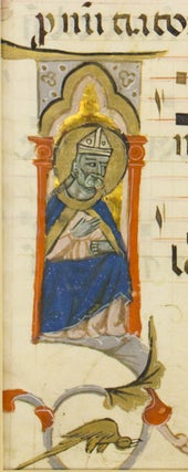 A LARGE VELLUM MANUSCRIPT LEAF FROM AN ANTIPHONARY IN LATIN, WITH AN IMAGE OF SAINT AUGUSTINE.