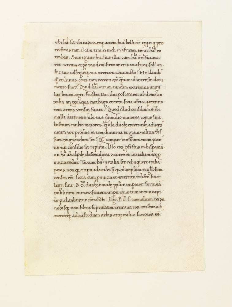 (CDO2226) TEXT FROM BOOK 48, END OF CHAPTER 42 AND BEGINNING OF 43. A VELLUM MANUSCRIPT LEAF FROM LIVY'S "AD URBE CONDITA."