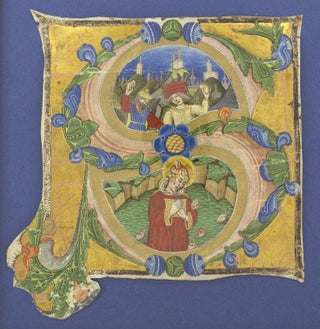 A LARGE HISTORIATED VELLUM INITIAL SHOWING THE STONING OF SAINT STEPHEN, CUT FROM A MANUSCRIPT CHOIR BOOK.