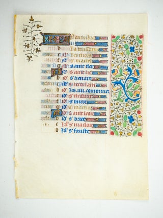 FROM A BOOK OF HOURS IN LATIN. ESPECIALLY PRETTY SMALL ILLUMINATED VELLUM MANUSCRIPT LEAF.