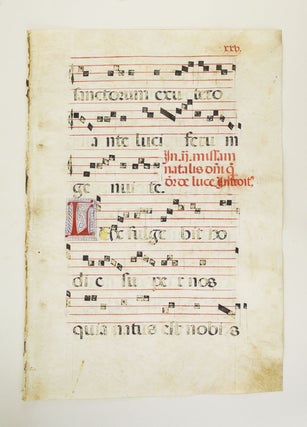 FROM AN ANTIPHONER IN LATIN. OFFERED INDIVIDUALLY VERY LARGE DECORATED VELLUM MANUSCRIPT LEAVES.