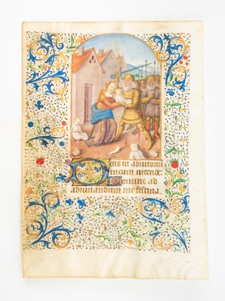 TEXT FROM THE OPENING OF VESPERS. AN ILLUMINATED VELLUM MANUSCRIPT LEAF WITH A. GRUESOME.