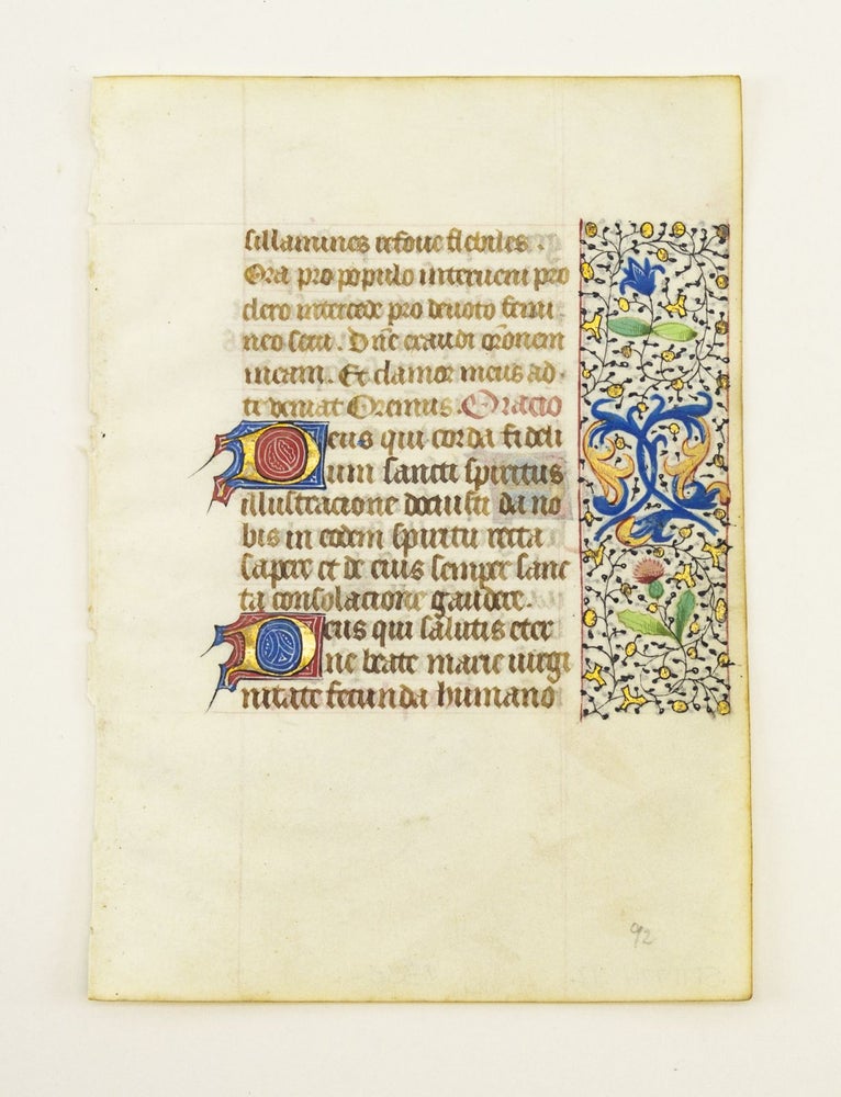(ST11774D) FROM AN ATTRACTIVE BOOK OF HOURS IN LATIN. OFFERED INDIVIDUALLY VERY PRETTY ILLUMINATED VELLUM MANUSCRIPT LEAVES.