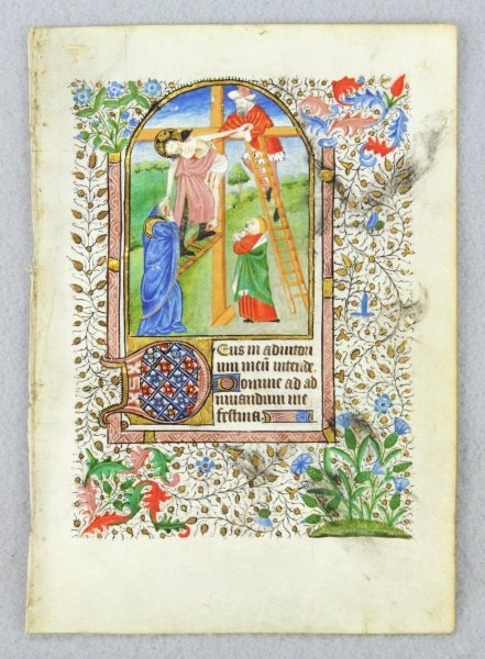 (ST12005f) USE OF SAINTES. TEXT FROM THE HOURS OF THE CROSS. FROM A. BOOK OF HOURS IN LATIN AN ILLUMINATED MANUSCRIPT LEAF ON VELLUM WITH AN EXTREMELY EMOTIONAL MINIATURE OF THE DEPOSITION.