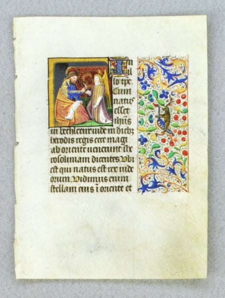 (ST12021-15) TEXT FROM GOSPEL LESSONS. FROM AN ENGAGING LITTLE BOOK OF HOURS IN LATIN AN ILLUMINATED VELLUM MANUSCRIPT LEAF WITH A. SMALL MINIATURE OF SAINT MATTHEW.