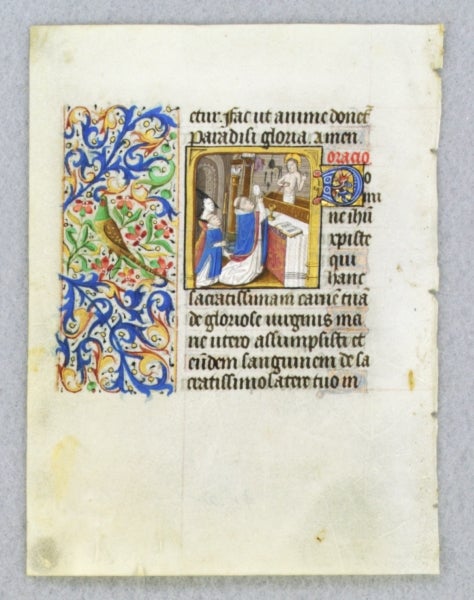 (ST12021-233) TEXT FROM THE SUFFRAGES OF THE SAINTS. FROM AN ENGAGING LITTLE BOOK OF HOURS IN LATIN AN ILLUMINATED VELLUM MANUSCRIPT LEAF WITH A. SMALL BUT POWERFUL MINIATURE OF SAINT GREGORY.