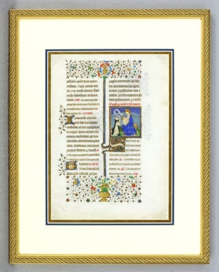 TEXT FROM THE MASSES FOR THE VIRGIN. AN ILLUMINATED VELLUM MANUSCRIPT LEAF WITH A. FINE.