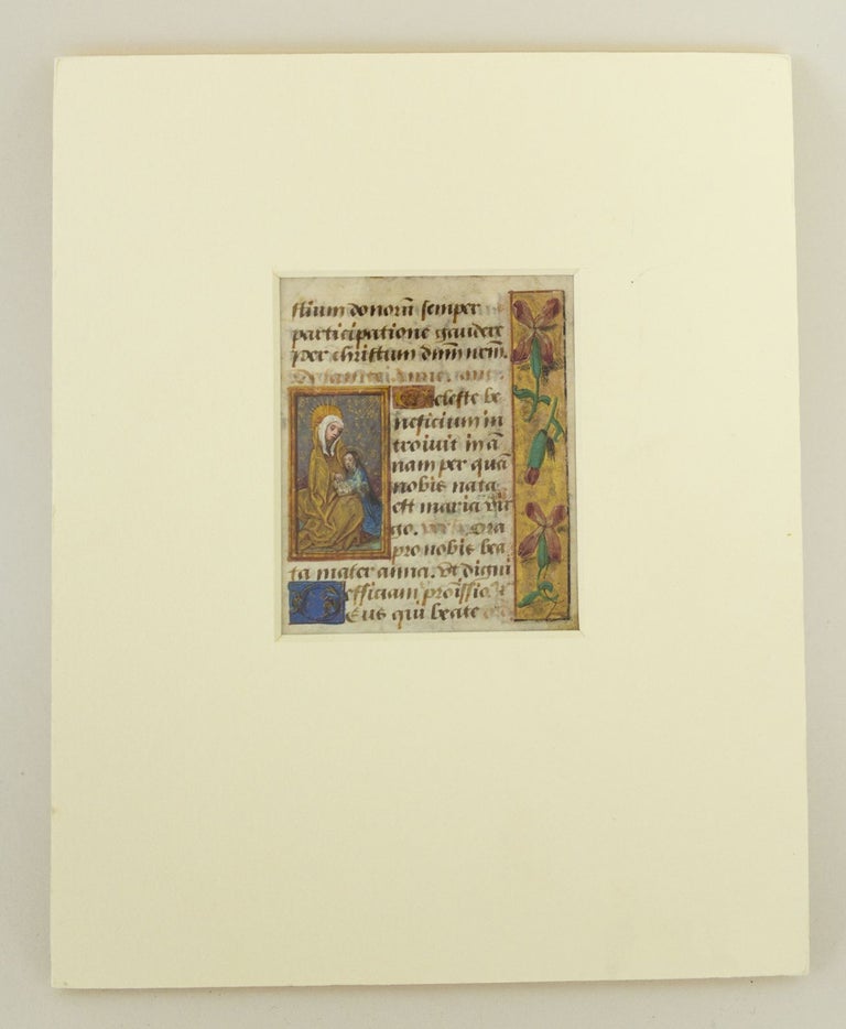 (ST12668bA) TEXT FROM THE SUFFRAGES. AN ILLUMINATED VELLUM MANUSCRIPT LEAF WITH SMALL MINIATURE OF ST. ANNE FROM A. BOOK OF HOURS IN LATIN.