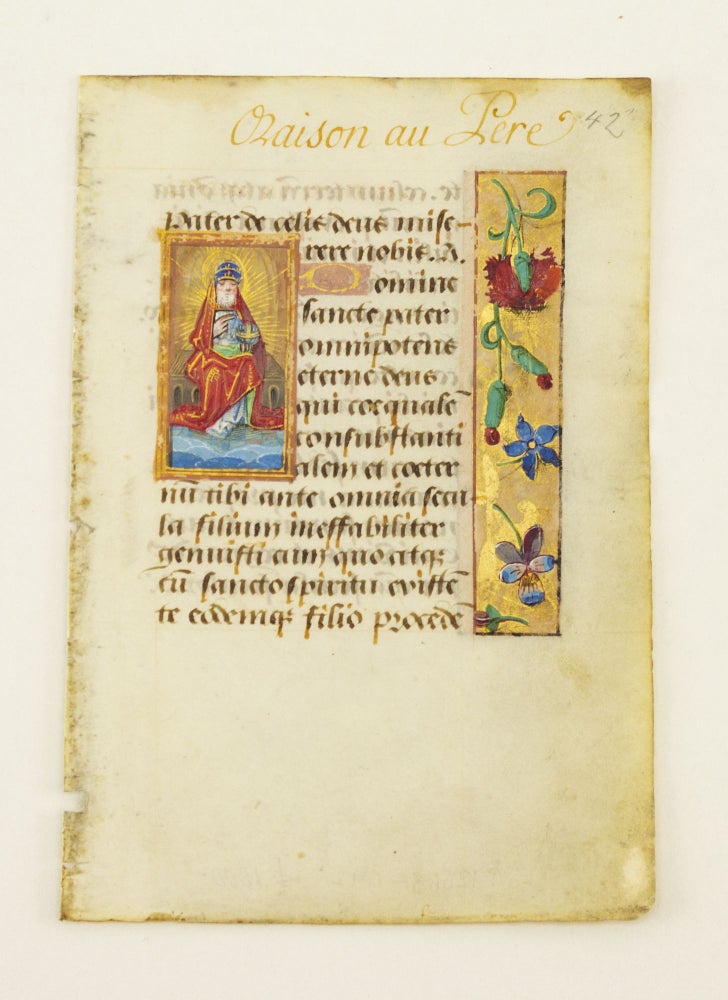 (ST12668bG) TEXT FROM PRAYERS TO THE HOLY TRINITY. AN ILLUMINATED VELLUM MANUSCRIPT LEAF WITH A. SMALL MINIATURE FROM A. BOOK OF HOURS IN LATIN.