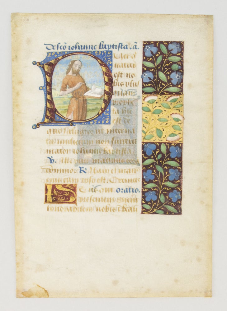 (ST12740) TEXT FROM THE SUFFRAGES. FROM A. BOOK OF HOURS IN LATIN AN ILLUMINATED VELLUM MANUSCRIPT LEAF WITH AN HISTORIATED INITIAL DEPICTING ST. JOHN THE BAPTIST AND A. SMALL MINIATURE OF ST. ANTHONY.