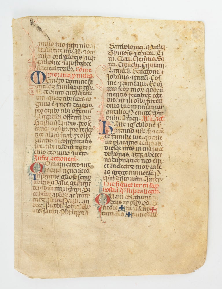 (ST12778-0892) TEXT FROM EUCHARISTIC PRAYER I. MEDIEVAL VELLUM MANUSCRIPT LEAF FROM A....