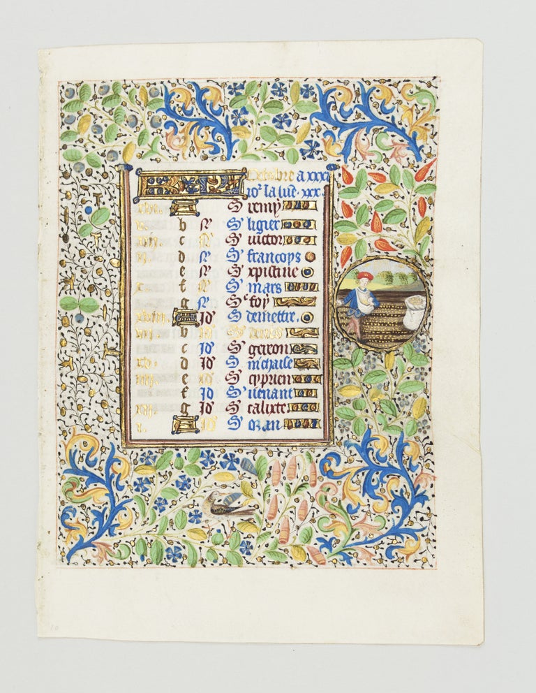 (ST12835) TEXT FOR THE MONTH OF OCTOBER. DEPICTING LABOR OF THE MONTH AND ZODIAC SIGN AN ILLUMINATED VELLUM CALENDAR LEAF FROM A. BOOK OF HOURS.