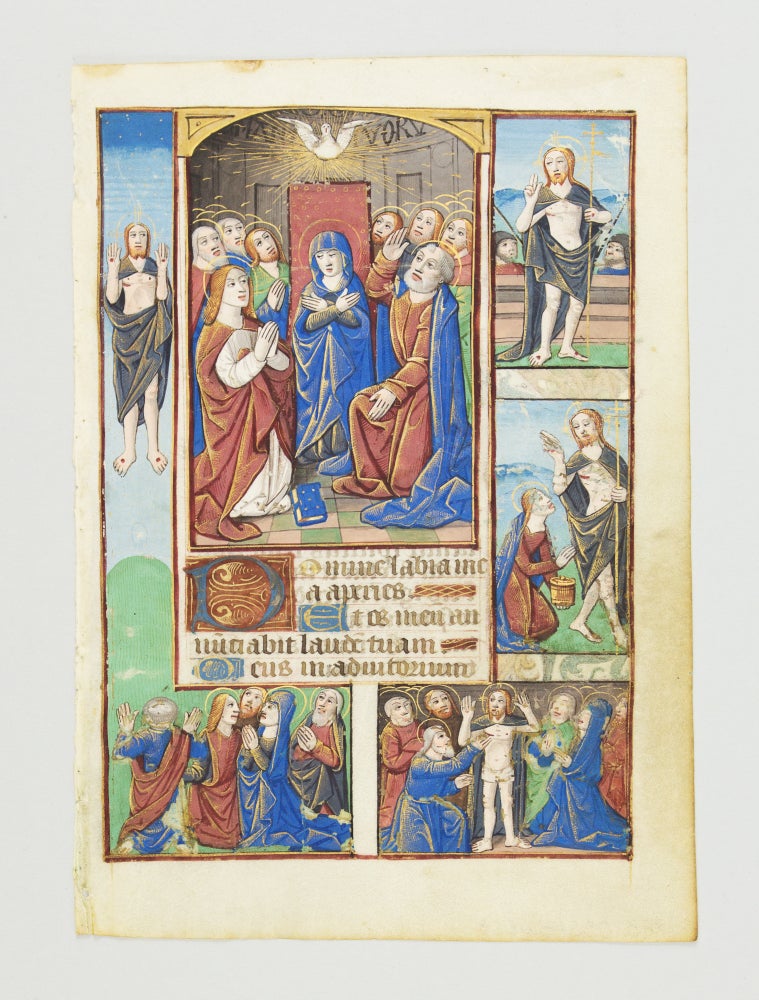 (ST12838) TEXT FROM HOURS OF THE HOLY SPIRIT. WITH FOUR INSET MINIATURES DEPICTING AN ILLUMINATED VELLUM MANUSCRIPT LEAF SHOWING PENTECOST, FROM A. BOOK OF HOURS IN LATIN ASPECTS OF THE RESURRECTION OF CHRIST.