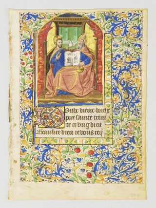 TEXT FROM A PRAYER TO THE TRINITY IN FRENCH. AN ILLUMINATED VELLUM MANUSCRIPT LEAF WITH A. MINIATURE.