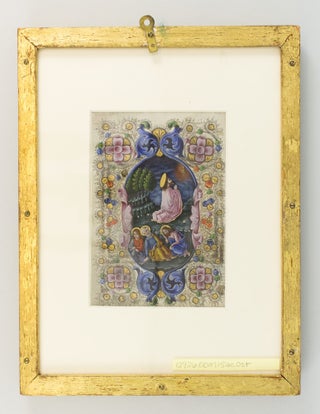 A MODERN ILLUMINATED VELLUM MANUSCRIPT LEAF DEPICTING THE LAST SUPPER ON ONE SIDE AND THE AGONY IN THE GARDEN ON THE OTHER.