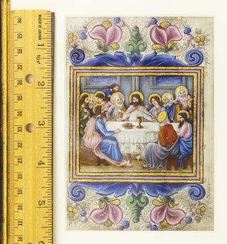 A MODERN ILLUMINATED VELLUM MANUSCRIPT LEAF DEPICTING THE LAST SUPPER ON ONE SIDE AND THE AGONY IN THE GARDEN ON THE OTHER.