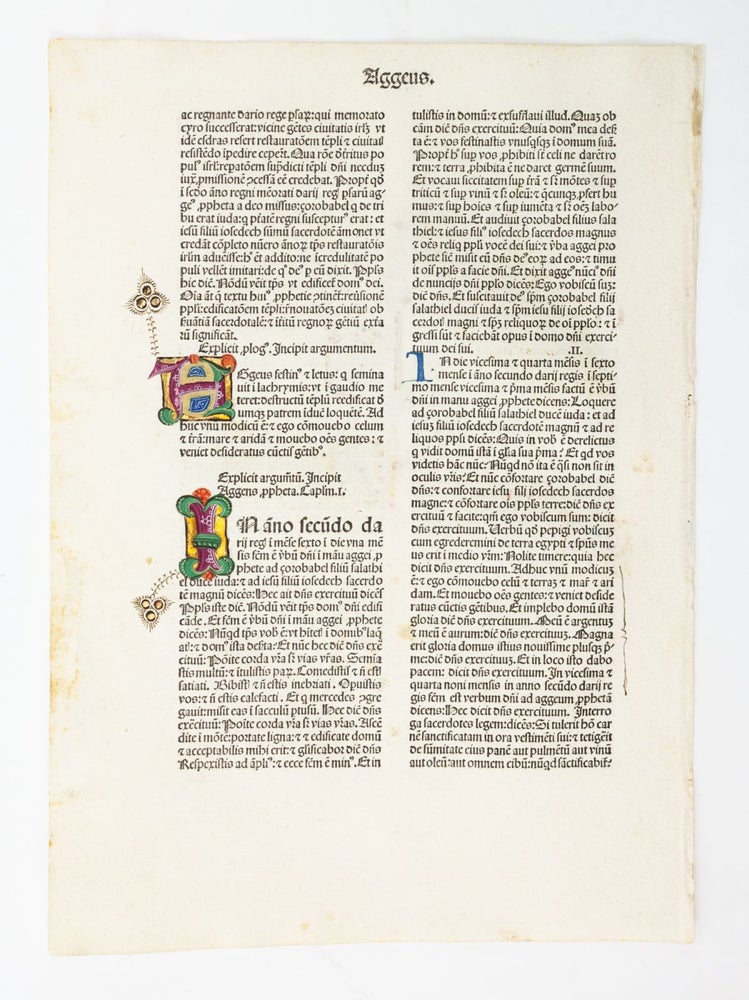 (ST13156) BIBLIA LATINA. INCUNABULAR LEAVES, OFFERED INDIVIDUALLY LEAVES FROM A. JENSON BIBLE IN LATIN, EACH WITH SEVERAL ILLUMINATED INITIALS.