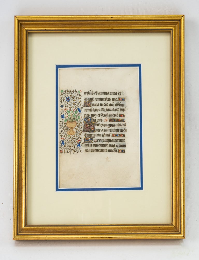(ST13353b) TEXT FROM PSALMS 41 AND 127. A MEDIEVAL ILLUMINATED VELLUM MANUSCRIPT LEAF...