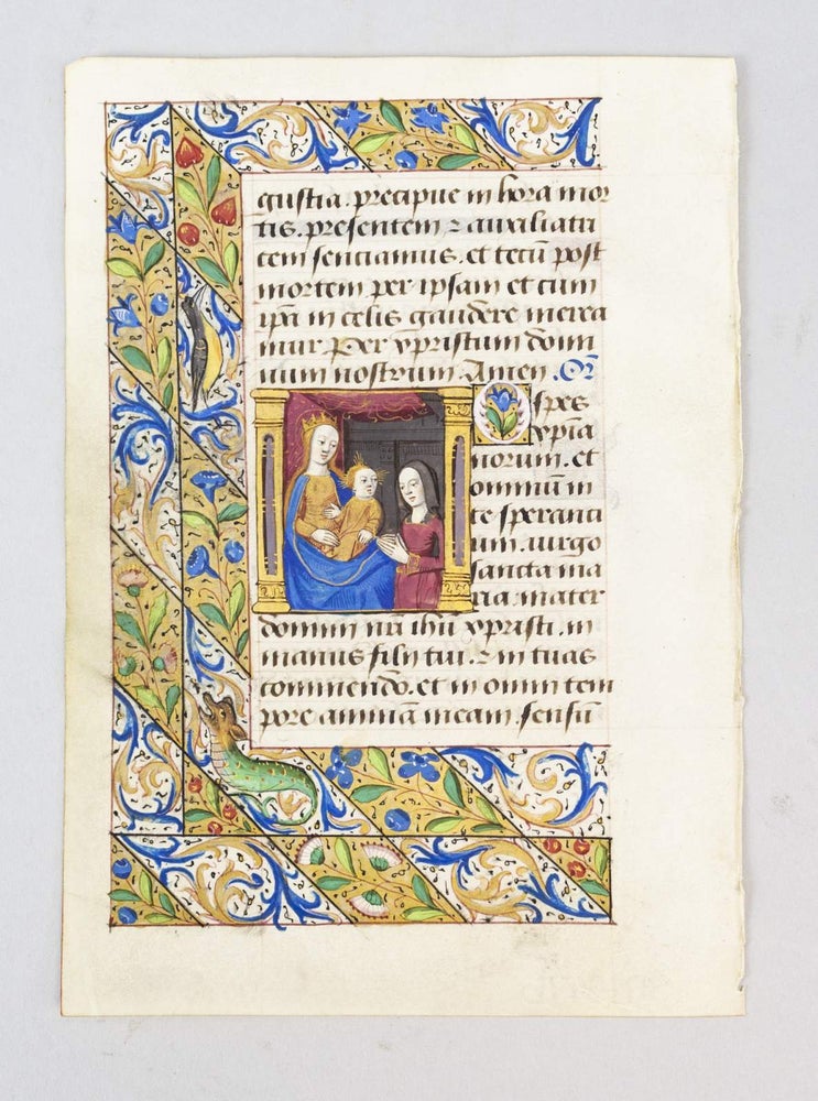 (ST14397b) FROM A. BOOK OF HOURS IN LATIN AN ILLUMINATED MANUSCRIPT LEAF ON VELLUM WITH A. MINIATURE OF THE FEMALE PATRON KNEELING IN PRAYER.