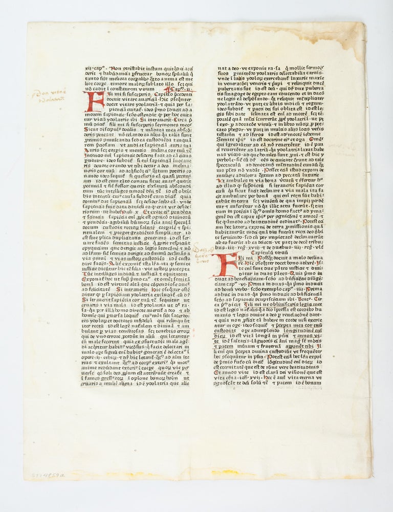 (ST14859a) POSTILLA SUPER TOTAM BIBLIAM. INCUNABULAR LEAF - MENTELIN, NICOLAUS DE LYRA