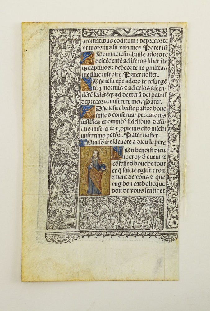 (ST15778J) ALL WITH LIVELY BORDERS, AND SOME WITH FINELY HAND-COLORED MINIATURES. VELLUM PRINTING, OFFERED INDIVIDUALLY LEAVES, FROM A. BOOK OF HOURS PRINTED ON VELLUM.