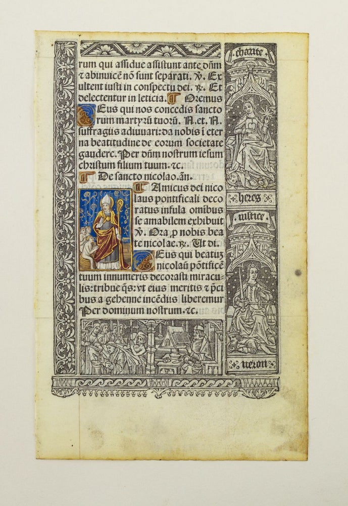 (ST15778K) ALL WITH LIVELY BORDERS, AND SOME WITH FINELY HAND-COLORED MINIATURES. VELLUM PRINTING, OFFERED INDIVIDUALLY LEAVES, FROM A. BOOK OF HOURS PRINTED ON VELLUM.