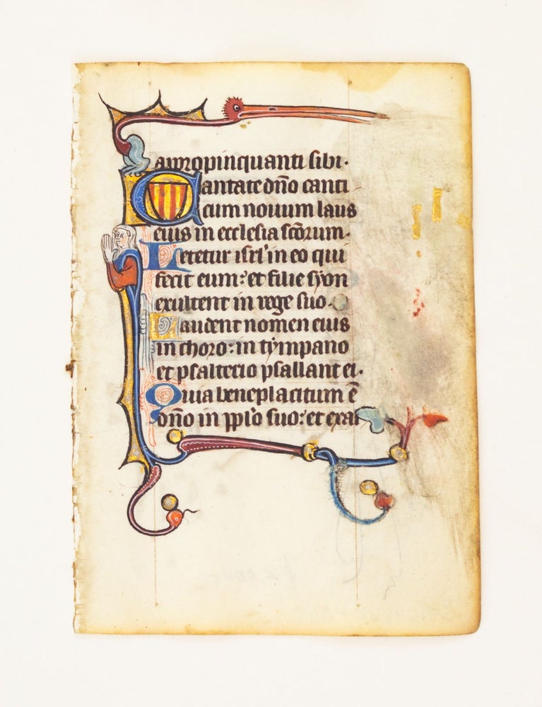 (ST16985K) FROM A SMALL PSALTER-HOURS IN LATIN, WITH IMMENSELY CHARMING MARGINALIA. OFFERED INDIVIDUALLY ILLUMINATED VELLUM MANUSCRIPT LEAVES.