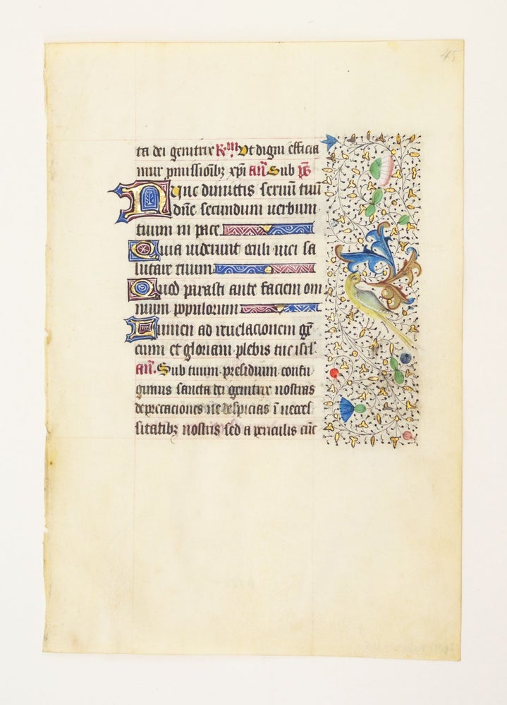 (ST17060L) FROM A LARGE BOOK OF HOURS IN LATIN, AN ILLUMINATED VELLUM MANUSCRIPT LEAF WITH CHARMING BORDER DECORATION.