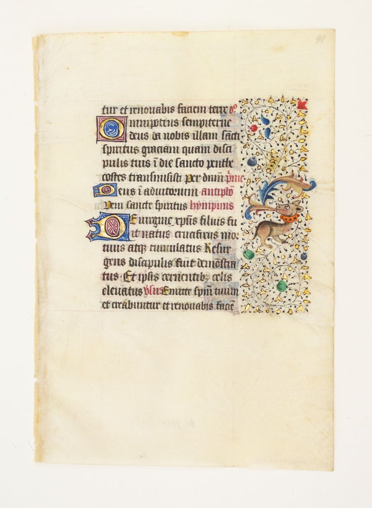 FROM A LARGE BOOK OF HOURS IN LATIN AND FRENCH. AN ILLUMINATED VELLUM MANUSCRIPT LEAF.