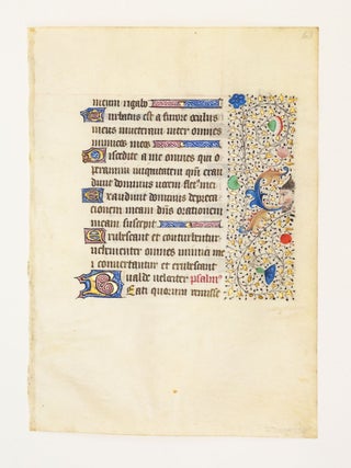 FROM A LARGE BOOK OF HOURS, WITH TEXT IN LATIN. AN ILLUMINATED VELLUM MANUSCRIPT LEAF WITH CHARMING BORDER.