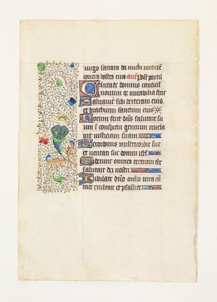 FROM A LARGE BOOK OF HOURS, WITH TEXT IN LATIN. AN ILLUMINATED VELLUM MANUSCRIPT LEAF WITH DELIGHTFUL BORDER.