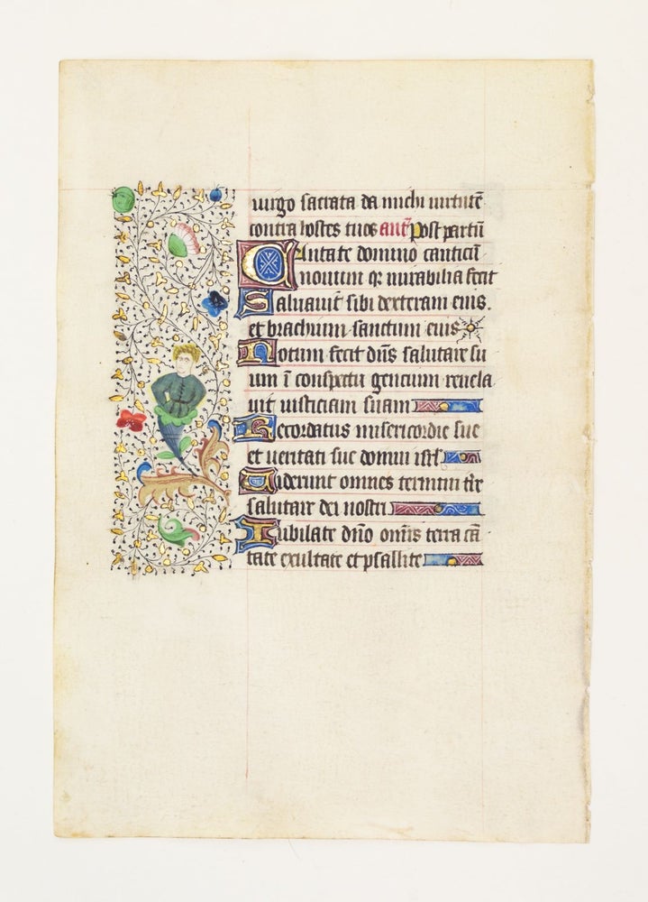 (ST17060S) FROM A LARGE BOOK OF HOURS IN LATIN. AN ILLUMINATED VELLUM MANUSCRIPT LEAF WITH DELIGHTFUL BORDER DECORATION.