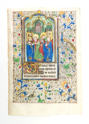 TEXT FROM THE HOURS OF THE HOLY SPIRIT. AN ILLUMINATED VELLUM MANUSCRIPT LEAF FROM AN EXTRAORDINARILY.