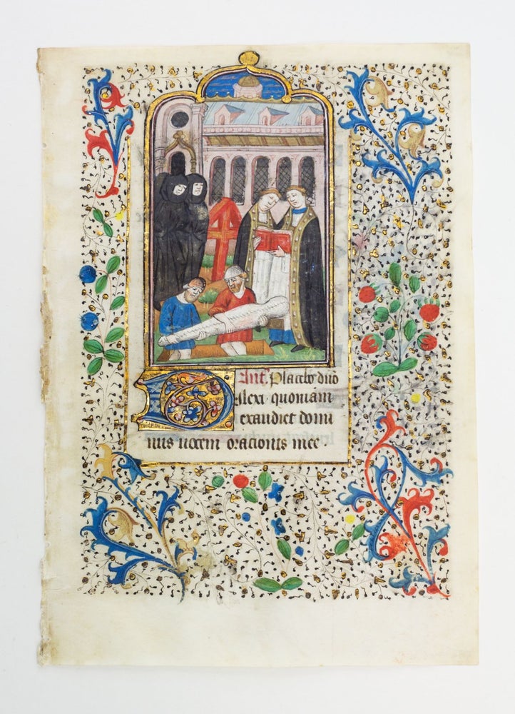 (ST17060V) TEXT FROM THE OFFICE OF THE DEAD. WITH A. MINIATURE OF A. BURIAL AN ILLUMINATED VELLUM MANUSCRIPT LEAF FROM AN EXTRAORDINARILY LARGE BOOK OF HOURS.