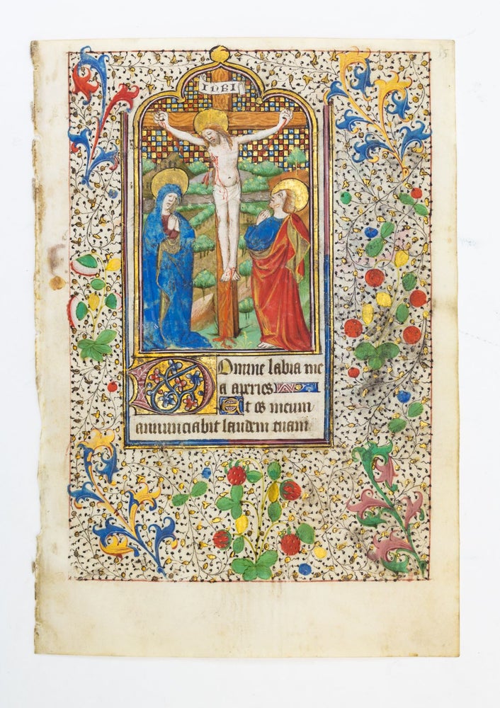 (ST17060Z) TEXT FROM THE HOURS OF THE CROSS. WITH A. MINIATURE OF THE CRUCIFIXION AN ILLUMINATED VELLUM MANUSCRIPT LEAF FROM AN EXTRAORDINARILY LARGE BOOK OF HOURS IN LATIN AND FRENCH.