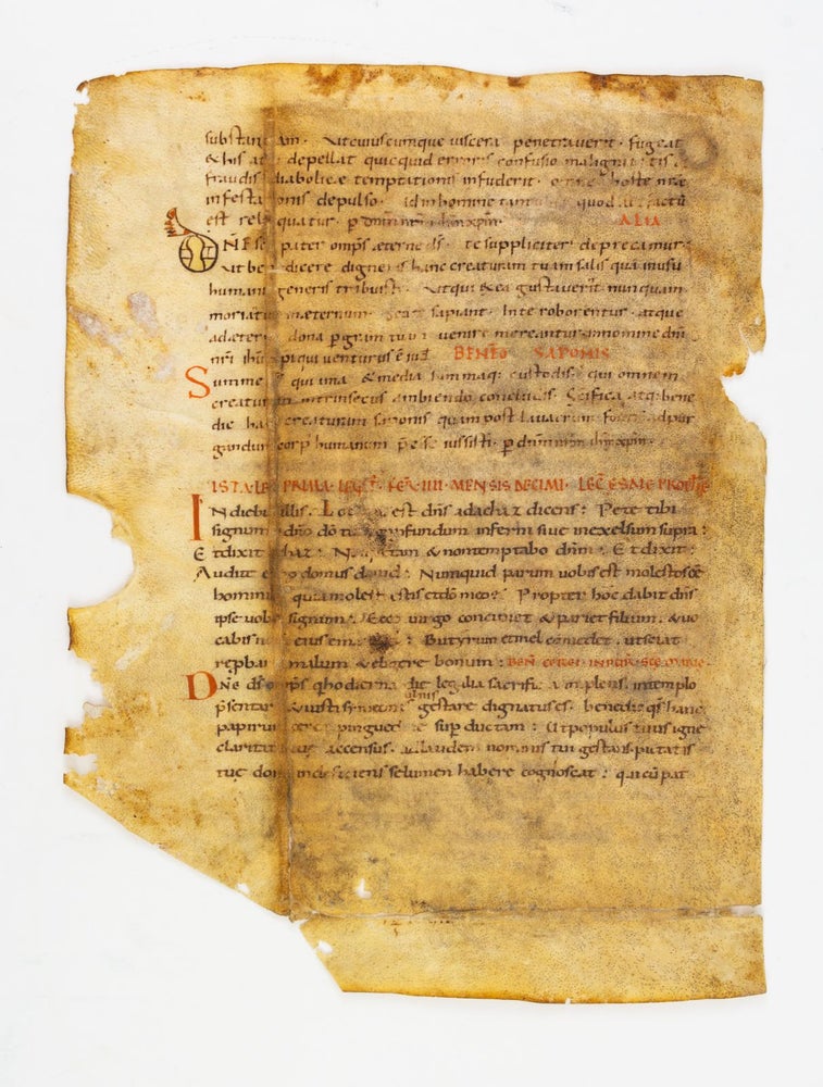 (ST17235) TEXT INCLUDING BENEDICTIONS FOR TREES. A VERY EARLY VELLUM MANUSCRIPT LEAF FROM A. SACRAMENTARY OR RITUALE.