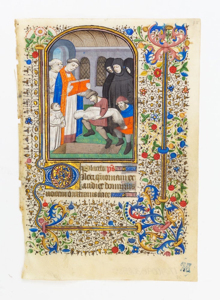 (ST17240) TEXT FROM THE OFFICE OF THE DEAD. WITH A. MINIATURE OF A. BURIAL SCENE AN ILLUMINATED VELLUM MANUSCRIPT LEAF FROM A. BOOK OF HOURS IN LATIN.