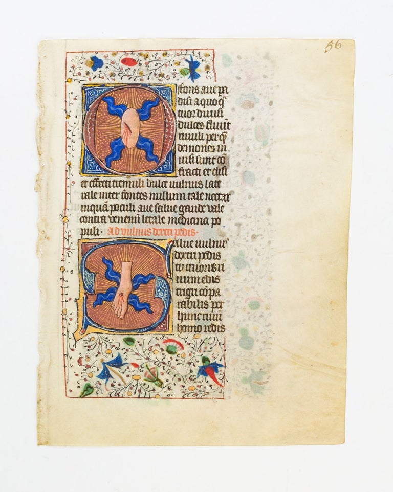 (ST17243b) TEXT FROM HYMNS TO THE PASSION OF CHRIST. WITH UNUSUAL HISTORIATED INITIALS FEATURING THE WOUNDS OF CHRIST AN ILLUMINATED VELLUM MANUSCRIPT LEAF FROM A. BOOK OF HOURS IN LATIN.