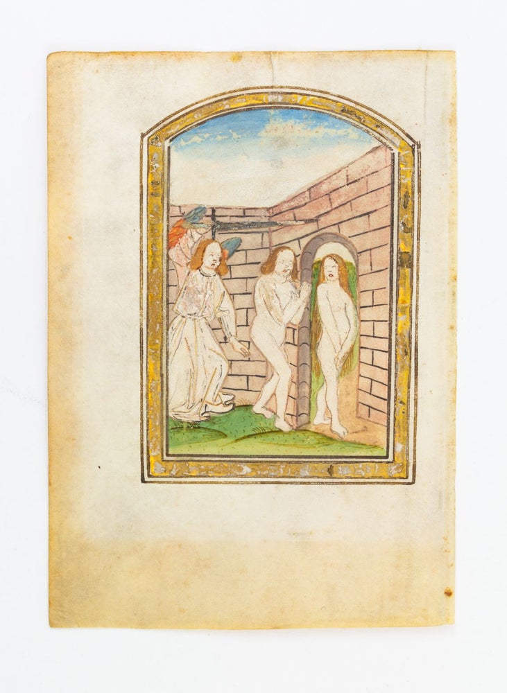(ST17244b) FROM A PRAYER BOOK, POSSIBLY A ROSARIUM, IN GERMAN. AN ILLUMINATED VELLUM MANUSCRIPT LEAF WITH A. MINIATURE DEPICTING THE EXPULSION.