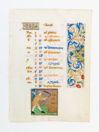 TEXT FROM THE MONTH OF AUGUST. AN ILLUMINATED VELLUM MANUSCRIPT LEAF FROM THE CALENDAR.