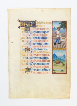 TEXT FROM THE MONTH OF OCTOBER. AN ILLUMINATED VELLUM MANUSCRIPT CALENDAR LEAF FROM A.