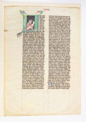 TEXT FROM END OF ECCLESIASTICUS AND THE PROLOGUE AND BEGINNING OF ISAIAH. AN ILLUMINATED VELLUM MANUSCRIPT LEAF FROM LARGE LECTERN.