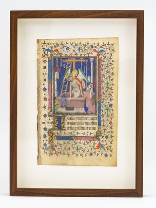 TEXT OPENING THE PASSION ACCORDING TO ST. JOHN. AN ILLUMINATED VELLUM MANUSCRIPT LEAF FROM A. BOOK.