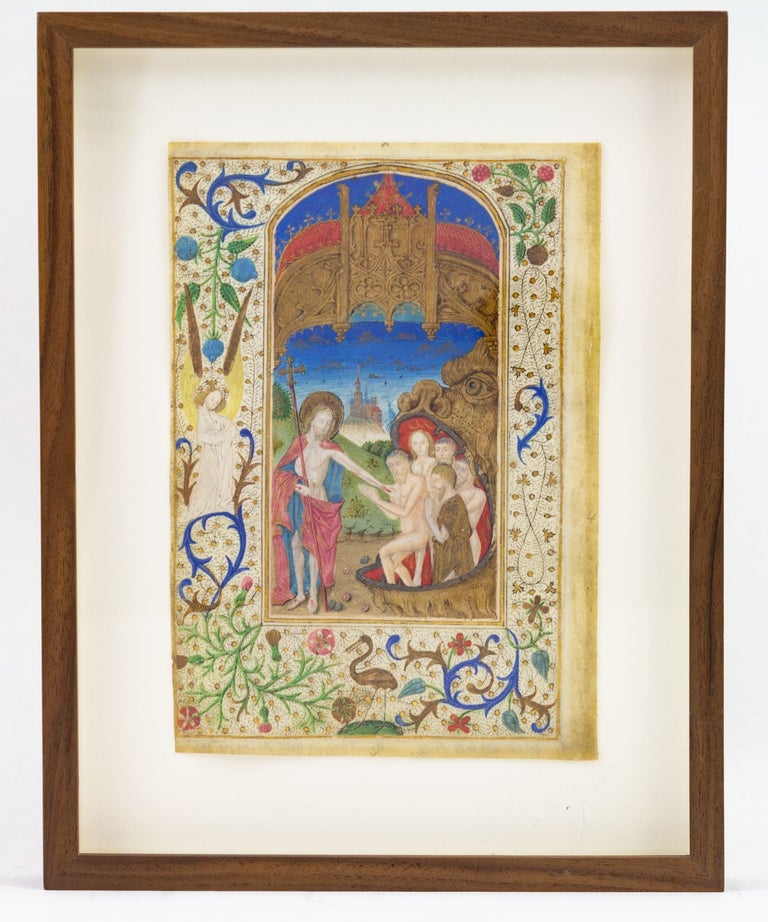 (ST17764) PROBABLY FROM THE OFFICE OF THE DEAD. WITH A. VERY FINE MINIATURE OF THE HARROWING OF AN ILLUMINATED VELLUM MANUSCRIPT LEAF FROM A. DUTCH BOOK OF HOURS, THE MASTERS OF THE DELFT HALF-LENGTH FIGURES.