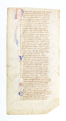 TEXT FROM THE END OF THE COMMENTARY ON NUMBERS AND THE OPENING OF THE PROLOGUE FOR THE COMMENTARY. A VELLUM MANUSCRIPT LEAF FROM PETRUS RIGA'S "AURORA.".