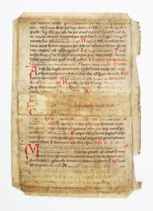WITH TEXT FROM THE END OF THE SANCTORAL AND BEGINNING OF THE COMMON OF SAINTS. A VELLUM MANUSCRIPT LEAF FROM A. NOTED MISSAL.