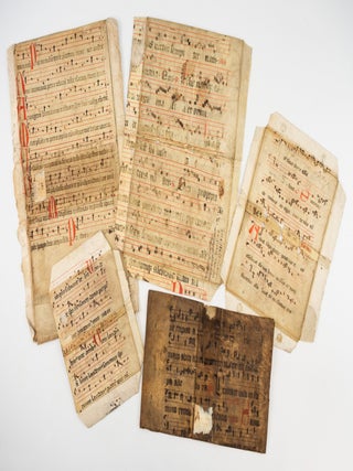 EACH LEAF FROM A DIFFERENT LITURGICAL MANUSCRIPT WITH MUSICAL NOTATION. TEACHING PACKET OF FIVE MEDIEVAL VELLUM MANUSCRIPT LEAVES.