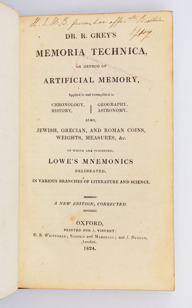 (ST19478e) MEMORIA TECHNICA, OR METHOD OF ARTIFICIAL MEMORY. MEMORY, RICHARD GREY